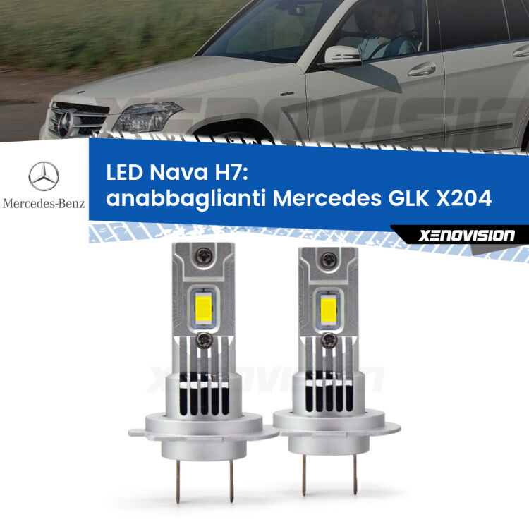 <strong>Anabbaglianti LED no-spie per Mercedes GLK</strong> X204 2008 - 2015. Coppia lampade <strong>H7</strong> modello Nava canbus, raffreddate a ventola.