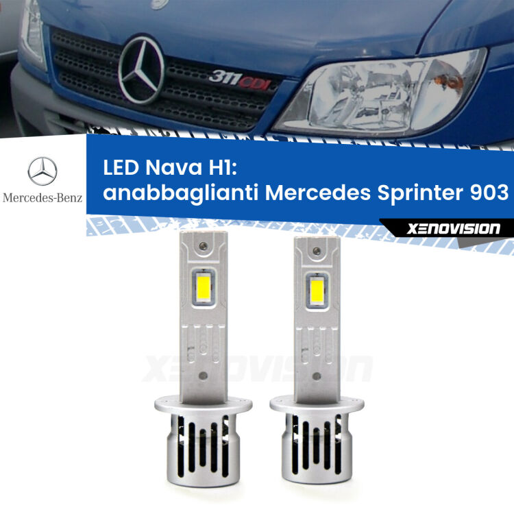 <strong>Anabbaglianti LED no-spie per Mercedes Sprinter</strong> 903 1995 - 2000. Coppia lampade <strong> H1</strong> modello Nava canbus, raffreddate a ventola.