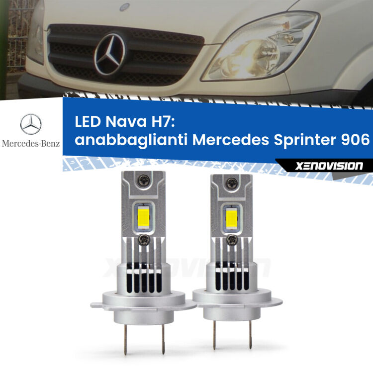 <strong>Anabbaglianti LED no-spie per Mercedes Sprinter</strong> 906 2006 - 2018. Coppia lampade <strong>H7</strong> modello Nava canbus, raffreddate a ventola.