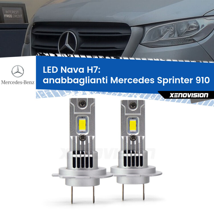 <strong>Anabbaglianti LED no-spie per Mercedes Sprinter</strong> 910 2018 in poi. Coppia lampade <strong>H7</strong> modello Nava canbus, raffreddate a ventola.