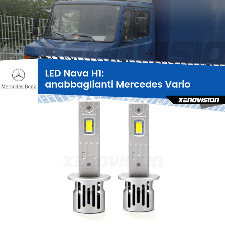 <strong>Anabbaglianti LED no-spie per Mercedes Vario</strong>  1996 - 2013. Coppia lampade <strong> H1</strong> modello Nava canbus, raffreddate a ventola.