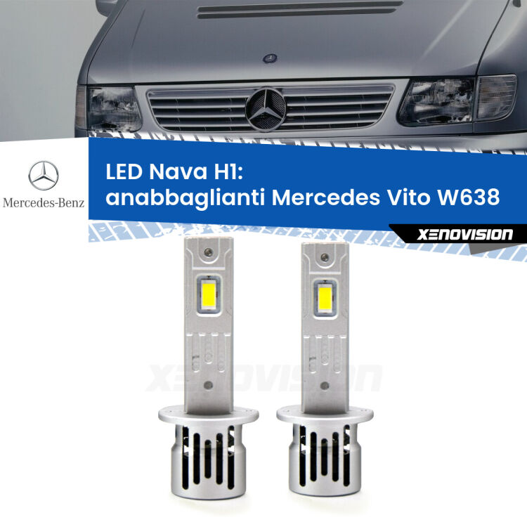 <strong>Anabbaglianti LED no-spie per Mercedes Vito</strong> W638 1996 - 2003. Coppia lampade <strong> H1</strong> modello Nava canbus, raffreddate a ventola.