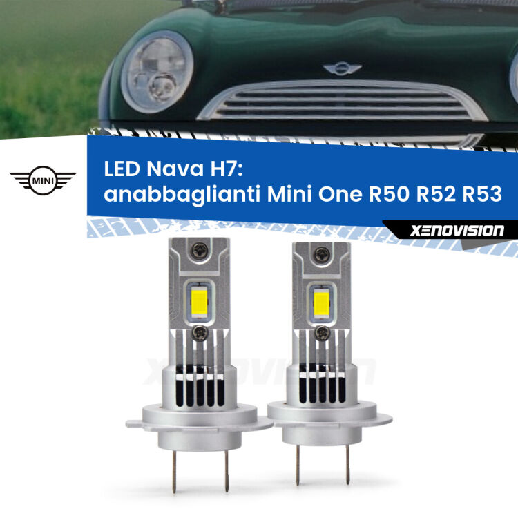 <strong>Anabbaglianti LED no-spie per Mini One</strong> R50 R52 R53 2001 - 2006. Coppia lampade <strong>H7</strong> modello Nava canbus, raffreddate a ventola.