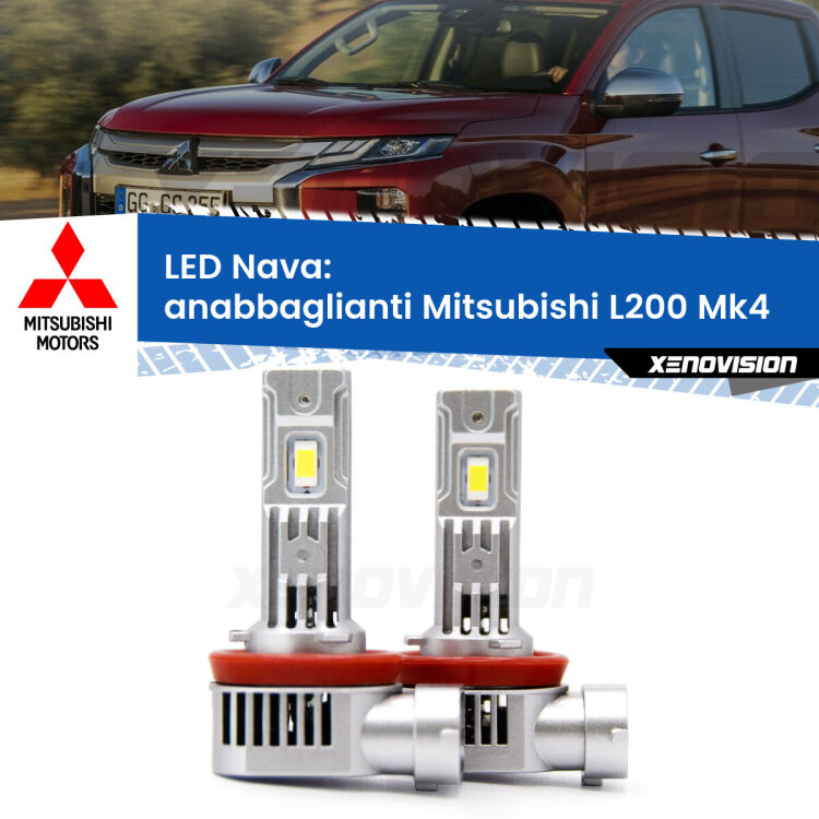 <strong>Anabbaglianti LED no-spie per Mitsubishi L200</strong> Mk4 a parabola doppia. Coppia lampade <strong>H11</strong>/H9/H8/H16(JP) modello Nava canbus, raffreddate a ventola.