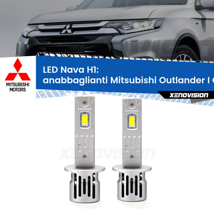 <strong>Anabbaglianti LED no-spie per Mitsubishi Outlander I</strong> CU a parabola doppia. Coppia lampade <strong> H1</strong> modello Nava canbus, raffreddate a ventola.