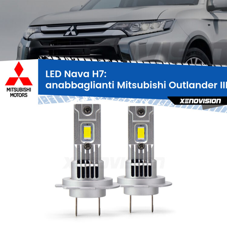 <strong>Anabbaglianti LED no-spie per Mitsubishi Outlander III</strong> GF 2012 - 2020. Coppia lampade <strong>H7</strong> modello Nava canbus, raffreddate a ventola.