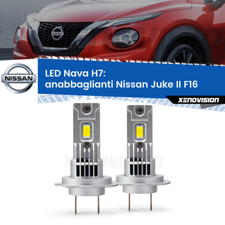 <strong>Anabbaglianti LED no-spie per Nissan Juke II</strong> F16 2019 in poi. Coppia lampade <strong>H7</strong> modello Nava canbus, raffreddate a ventola.