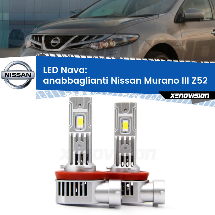 <strong>Anabbaglianti LED no-spie per Nissan Murano III</strong> Z52 2014 in poi. Coppia lampade <strong>H11</strong>/H9/H8/H16(JP) modello Nava canbus, raffreddate a ventola.