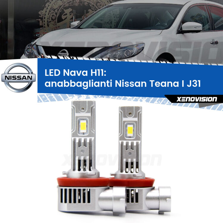 <strong>Anabbaglianti LED no-spie per Nissan Teana I</strong> J31 2003 - 2008. Coppia lampade <strong>H11</strong> modello Nava canbus, raffreddate a ventola.