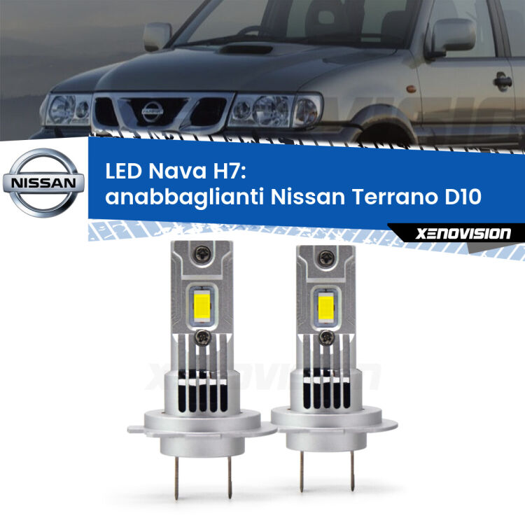 <strong>Anabbaglianti LED no-spie per Nissan Terrano</strong> D10 2013 in poi. Coppia lampade <strong>H7</strong> modello Nava canbus, raffreddate a ventola.