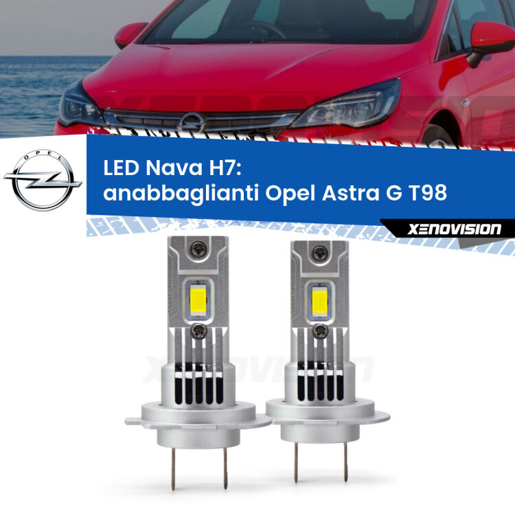 <strong>Anabbaglianti LED no-spie per Opel Astra G</strong> T98 2001 - 2005. Coppia lampade <strong>H7</strong> modello Nava canbus, raffreddate a ventola.