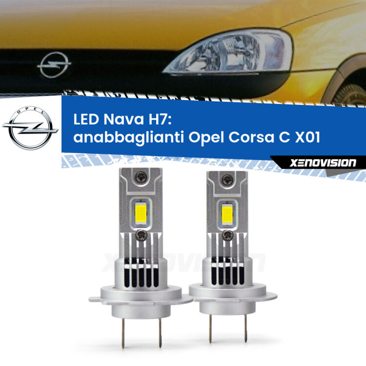 <strong>Anabbaglianti LED no-spie per Opel Corsa C</strong> X01 a parabola. Coppia lampade <strong>H7</strong> modello Nava canbus, raffreddate a ventola.