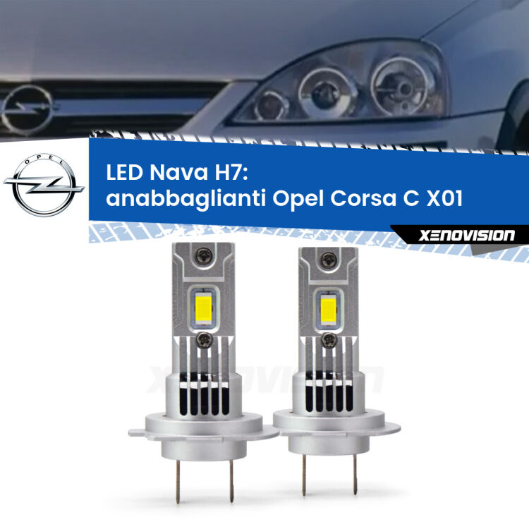 <strong>Anabbaglianti LED no-spie per Opel Corsa C</strong> X01 lenticolare. Coppia lampade <strong>H7</strong> modello Nava canbus, raffreddate a ventola.