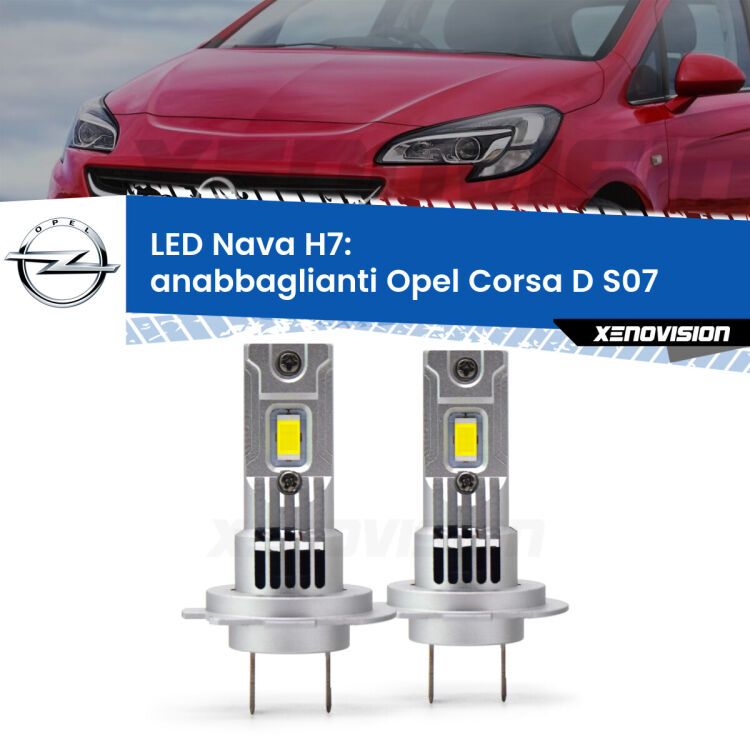 <strong>Anabbaglianti LED no-spie per Opel Corsa D</strong> S07 senza luci svolta. Coppia lampade <strong>H7</strong> modello Nava canbus, raffreddate a ventola.