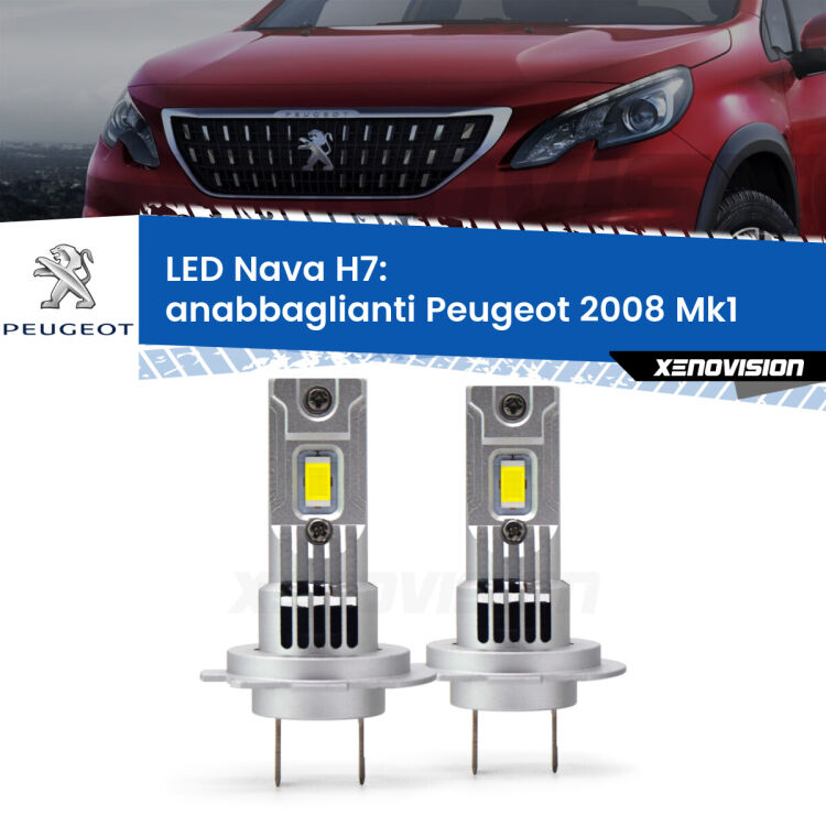 <strong>Anabbaglianti LED no-spie per Peugeot 2008</strong> Mk1 2013 - 2018. Coppia lampade <strong>H7</strong> modello Nava canbus, raffreddate a ventola.