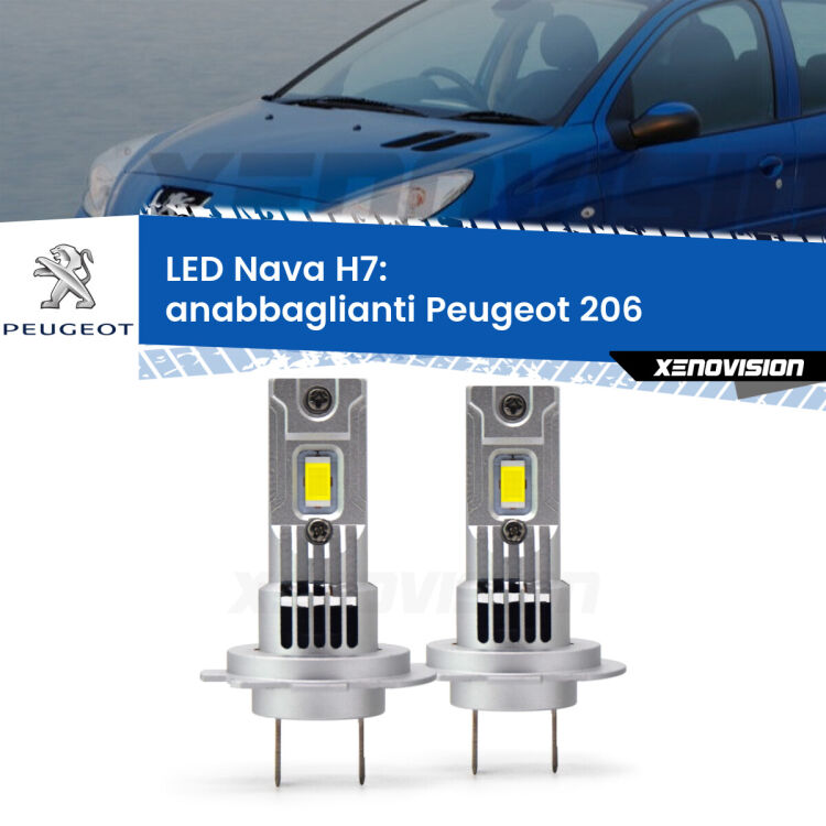 <strong>Anabbaglianti LED no-spie per Peugeot 206</strong>  2003 - 2009. Coppia lampade <strong>H7</strong> modello Nava canbus, raffreddate a ventola.