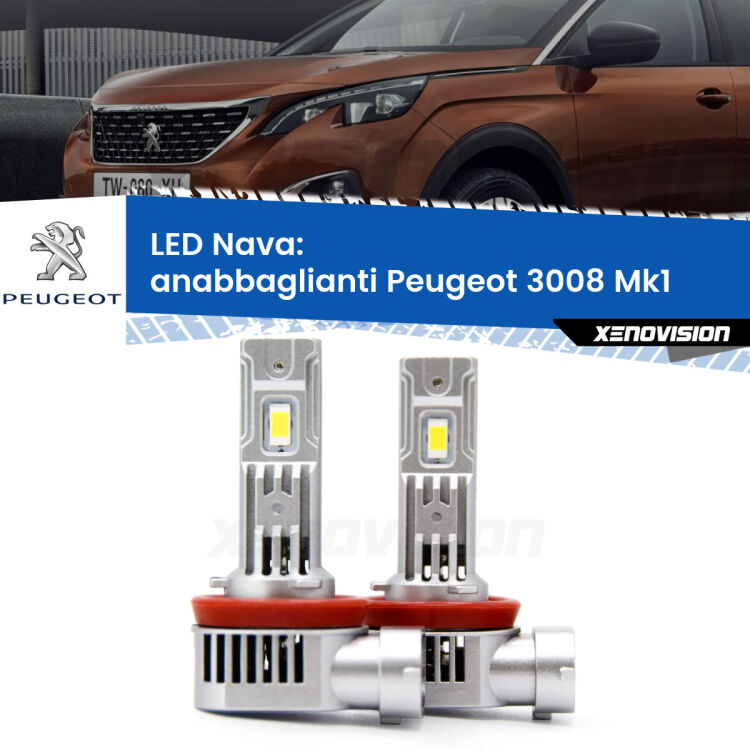 <strong>Anabbaglianti LED no-spie per Peugeot 3008</strong> Mk1 fari lenticolari. Coppia lampade <strong>H11</strong>/H9/H8/H16(JP) modello Nava canbus, raffreddate a ventola.