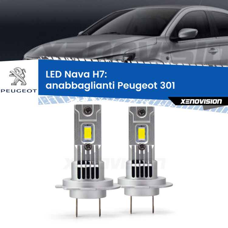 <strong>Anabbaglianti LED no-spie per Peugeot 301</strong>  2012 - 2017. Coppia lampade <strong>H7</strong> modello Nava canbus, raffreddate a ventola.