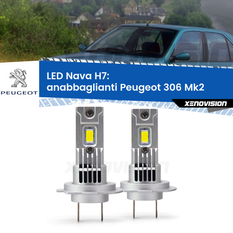 <strong>Anabbaglianti LED no-spie per Peugeot 306</strong> Mk2 1997 - 1999. Coppia lampade <strong>H7</strong> modello Nava canbus, raffreddate a ventola.