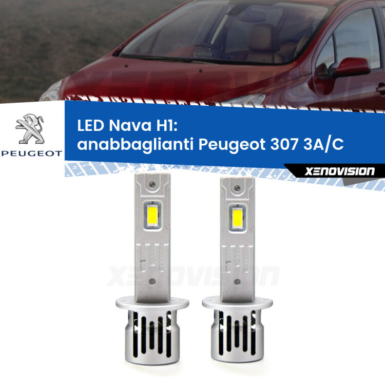 <strong>Anabbaglianti LED no-spie per Peugeot 307</strong> 3A/C 2005 - 2009. Coppia lampade <strong> H1</strong> modello Nava canbus, raffreddate a ventola.