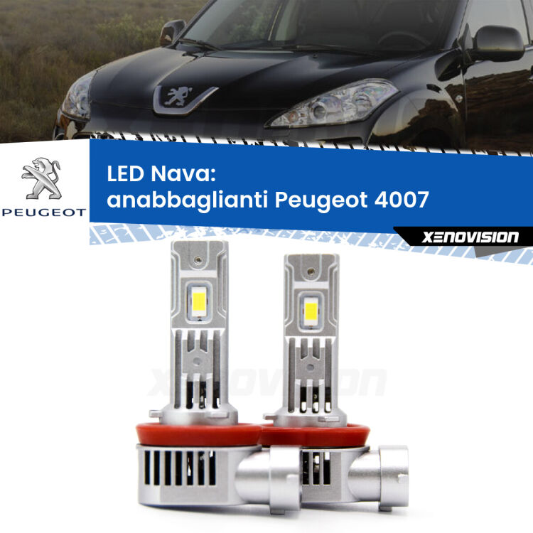 <strong>Anabbaglianti LED no-spie per Peugeot 4007</strong>  2007 - 2012. Coppia lampade <strong>H11</strong>/H9/H8/H16(JP) modello Nava canbus, raffreddate a ventola.