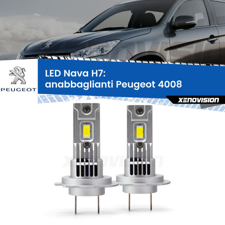 <strong>Anabbaglianti LED no-spie per Peugeot 4008</strong>  2012 in poi. Coppia lampade <strong>H7</strong> modello Nava canbus, raffreddate a ventola.