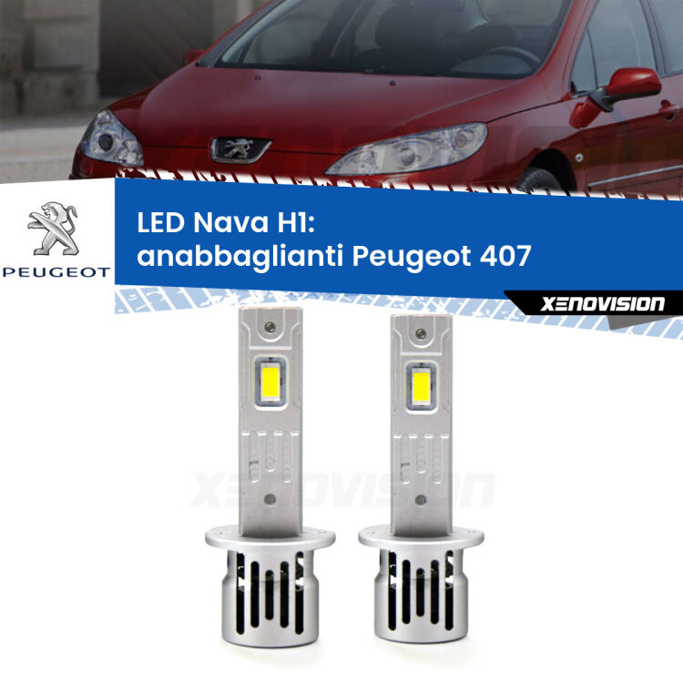 <strong>Anabbaglianti LED no-spie per Peugeot 407</strong>  2004 - 2011. Coppia lampade <strong> H1</strong> modello Nava canbus, raffreddate a ventola.