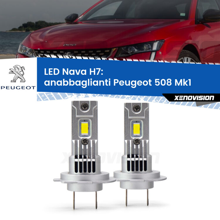 <strong>Anabbaglianti LED no-spie per Peugeot 508</strong> Mk1 2010 - 2017. Coppia lampade <strong>H7</strong> modello Nava canbus, raffreddate a ventola.