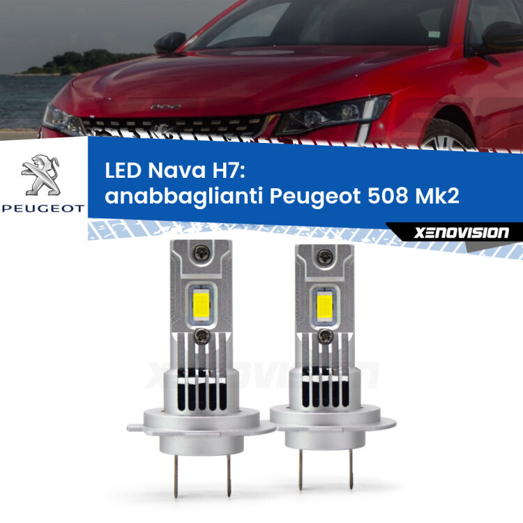 <strong>Anabbaglianti LED no-spie per Peugeot 508</strong> Mk2 2018 in poi. Coppia lampade <strong>H7</strong> modello Nava canbus, raffreddate a ventola.