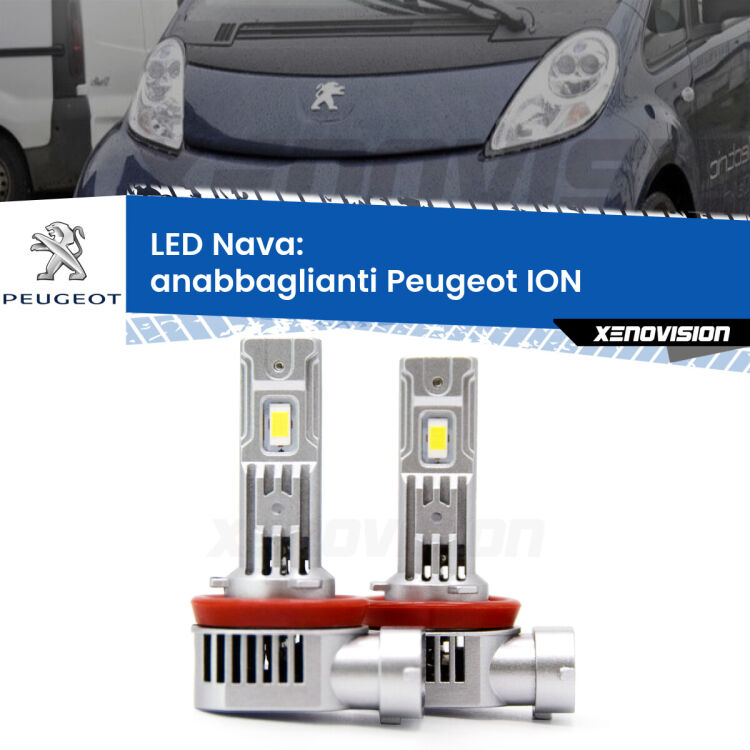 <strong>Anabbaglianti LED no-spie per Peugeot ION</strong>  2010 - 2019. Coppia lampade <strong>H11</strong>/H9/H8/H16(JP) modello Nava canbus, raffreddate a ventola.