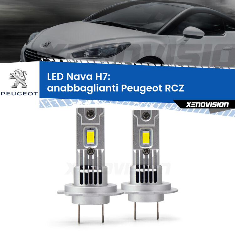 <strong>Anabbaglianti LED no-spie per Peugeot RCZ</strong>  2010 - 2015. Coppia lampade <strong>H7</strong> modello Nava canbus, raffreddate a ventola.