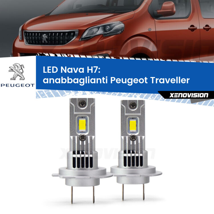 <strong>Anabbaglianti LED no-spie per Peugeot Traveller</strong>  2016 in poi. Coppia lampade <strong>H7</strong> modello Nava canbus, raffreddate a ventola.