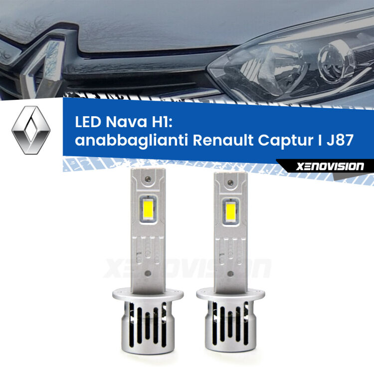 <strong>Anabbaglianti LED no-spie per Renault Captur I</strong> J87 prima serie. Coppia lampade <strong> H1</strong> modello Nava canbus, raffreddate a ventola.