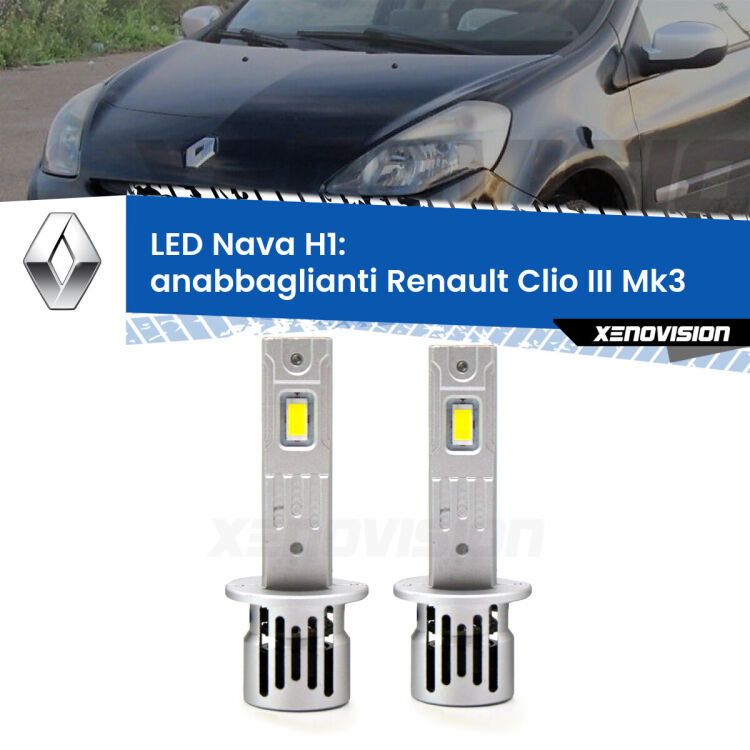 <strong>Anabbaglianti LED no-spie per Renault Clio III</strong> Mk3 2005 - 2011. Coppia lampade <strong> H1</strong> modello Nava canbus, raffreddate a ventola.