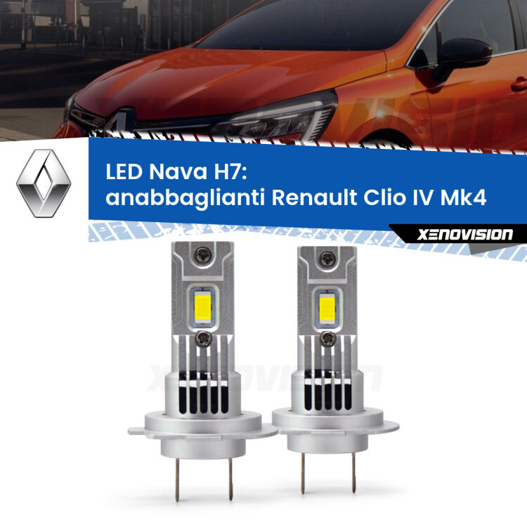 <strong>Anabbaglianti LED no-spie per Renault Clio IV</strong> Mk4 2012 - 2018. Coppia lampade <strong>H7</strong> modello Nava canbus, raffreddate a ventola.