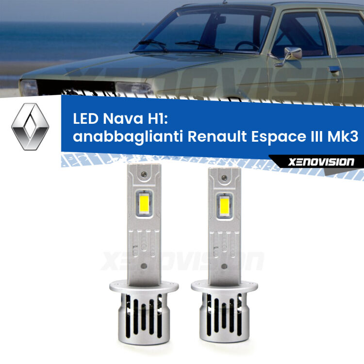 <strong>Anabbaglianti LED no-spie per Renault Espace III</strong> Mk3 1996 - 2000. Coppia lampade <strong> H1</strong> modello Nava canbus, raffreddate a ventola.