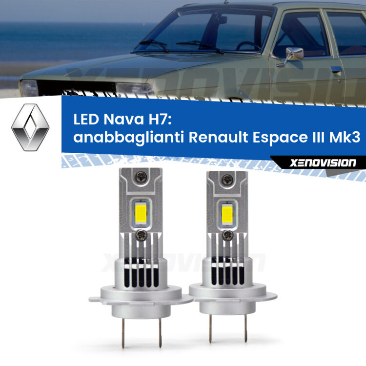 <strong>Anabbaglianti LED no-spie per Renault Espace III</strong> Mk3 2000 - 2002. Coppia lampade <strong>H7</strong> modello Nava canbus, raffreddate a ventola.