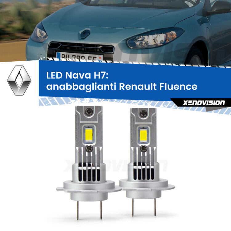 <strong>Anabbaglianti LED no-spie per Renault Fluence</strong>  2010 - 2015. Coppia lampade <strong>H7</strong> modello Nava canbus, raffreddate a ventola.