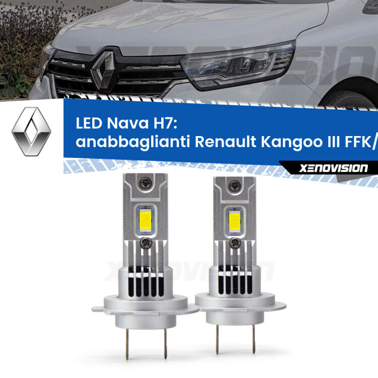 <strong>Anabbaglianti LED no-spie per Renault Kangoo III</strong> FFK/KFK 2021 in poi. Coppia lampade <strong>H7</strong> modello Nava canbus, raffreddate a ventola.