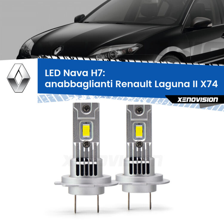 <strong>Anabbaglianti LED no-spie per Renault Laguna II</strong> X74 2000 - 2006. Coppia lampade <strong>H7</strong> modello Nava canbus, raffreddate a ventola.