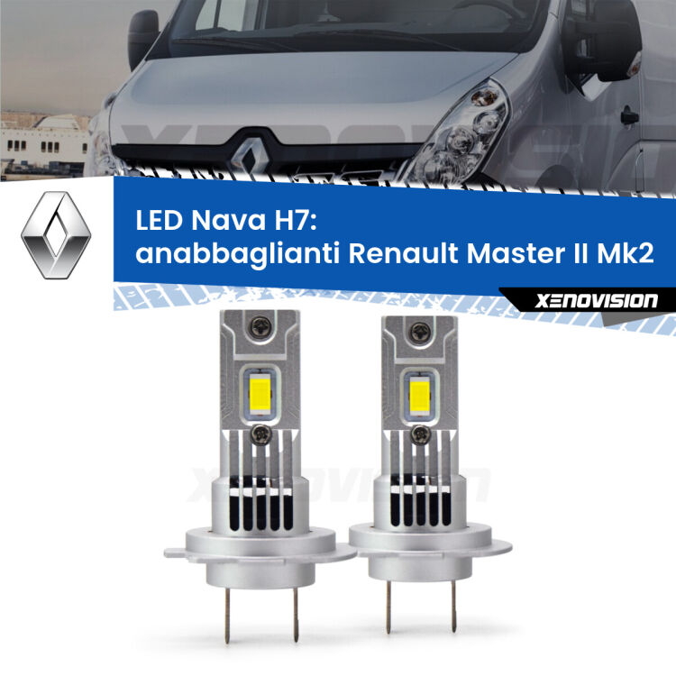 <strong>Anabbaglianti LED no-spie per Renault Master II</strong> Mk2 a parabola doppia. Coppia lampade <strong>H7</strong> modello Nava canbus, raffreddate a ventola.