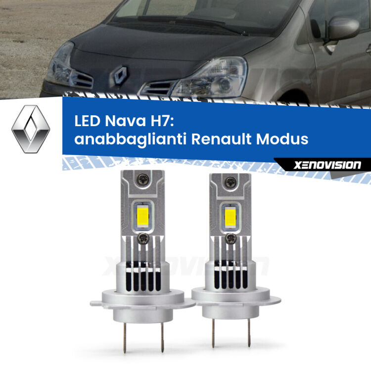 <strong>Anabbaglianti LED no-spie per Renault Modus</strong>  2004 - 2012. Coppia lampade <strong>H7</strong> modello Nava canbus, raffreddate a ventola.