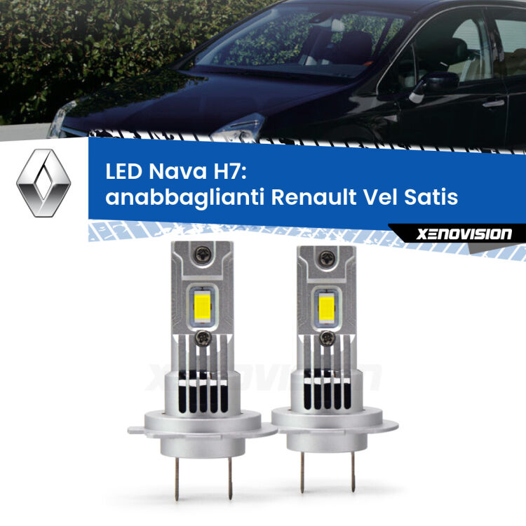 <strong>Anabbaglianti LED no-spie per Renault Vel Satis</strong>  2002 - 2010. Coppia lampade <strong>H7</strong> modello Nava canbus, raffreddate a ventola.