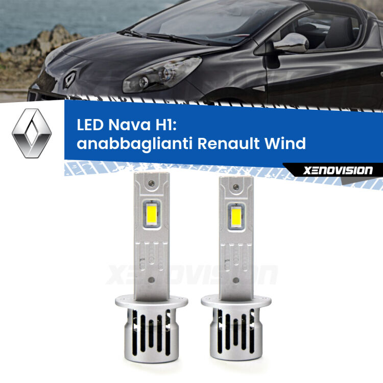 <strong>Anabbaglianti LED no-spie per Renault Wind</strong>  2010 - 2013. Coppia lampade <strong> H1</strong> modello Nava canbus, raffreddate a ventola.