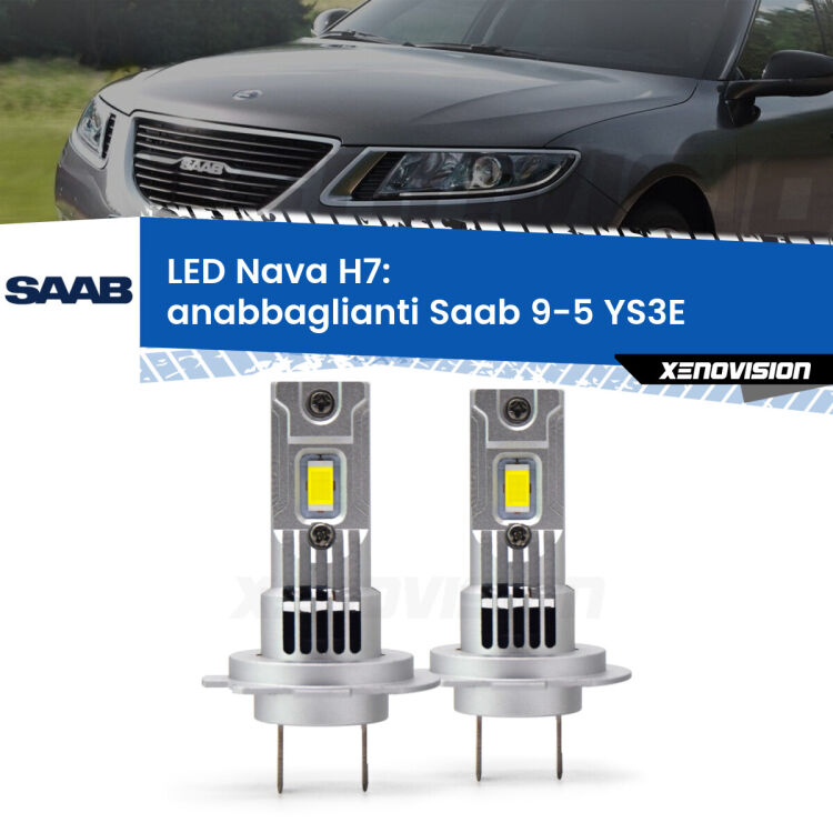 <strong>Anabbaglianti LED no-spie per Saab 9-5</strong> YS3E 1997 - 2010. Coppia lampade <strong>H7</strong> modello Nava canbus, raffreddate a ventola.