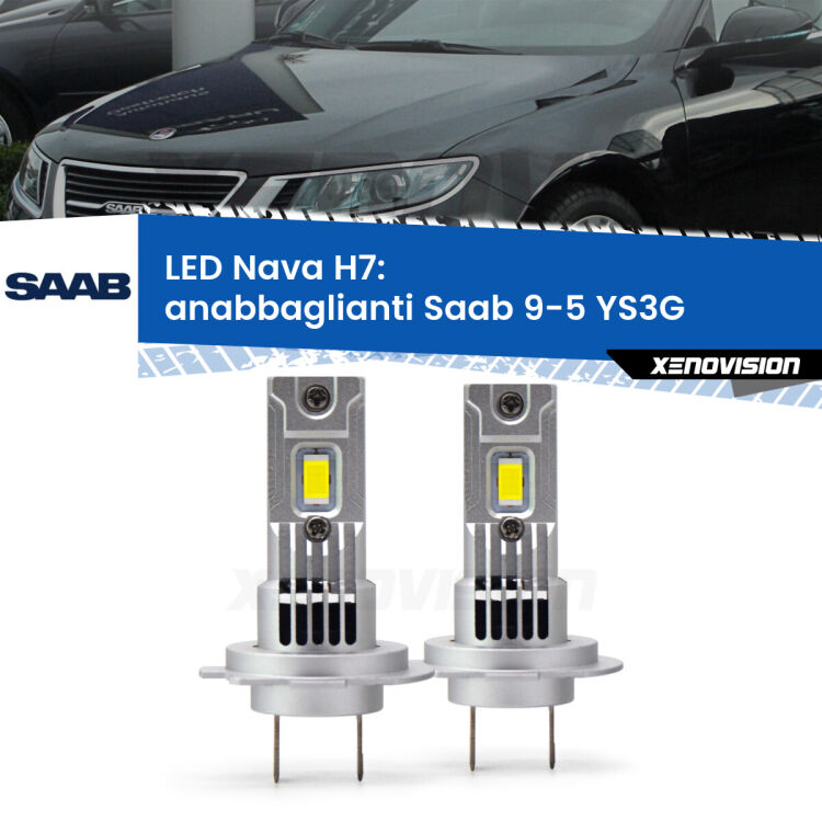 <strong>Anabbaglianti LED no-spie per Saab 9-5</strong> YS3G 2010 - 2012. Coppia lampade <strong>H7</strong> modello Nava canbus, raffreddate a ventola.