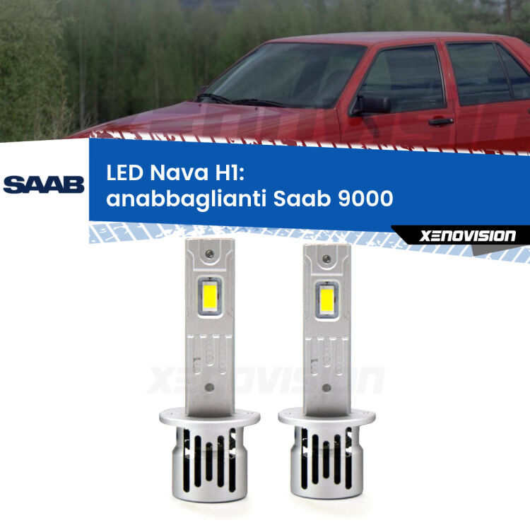 <strong>Anabbaglianti LED no-spie per Saab 9000</strong>  a parabola doppia. Coppia lampade <strong> H1</strong> modello Nava canbus, raffreddate a ventola.