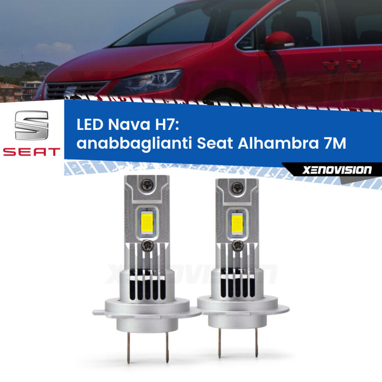 <strong>Anabbaglianti LED no-spie per Seat Alhambra</strong> 7M 2001 - 2010. Coppia lampade <strong>H7</strong> modello Nava canbus, raffreddate a ventola.