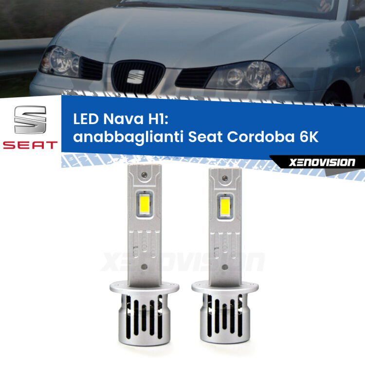 <strong>Anabbaglianti LED no-spie per Seat Cordoba</strong> 6K prima serie. Coppia lampade <strong> H1</strong> modello Nava canbus, raffreddate a ventola.