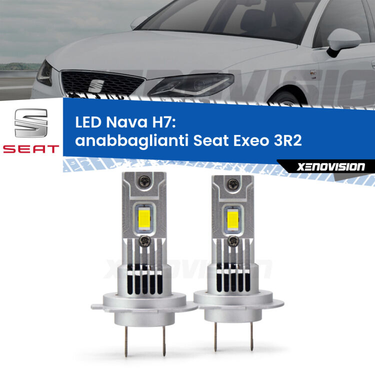 <strong>Anabbaglianti LED no-spie per Seat Exeo</strong> 3R2 2008 - 2013. Coppia lampade <strong>H7</strong> modello Nava canbus, raffreddate a ventola.